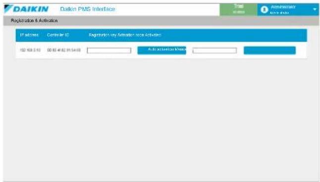 DAIKIN DAIKIN PMS Interface Registration & Activation IP address Cancelar ID Registration via Network Service Activities 102 458.310 00 83 462 91 54 10 Auto verification Status Copyright Copyright