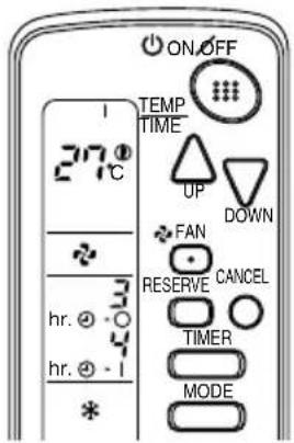 ON/OFF TEMP TIME UP DOWN FAN RESERVE CANCEL TIMER MODE 27°C hr. 3 hr. 4 -1 *