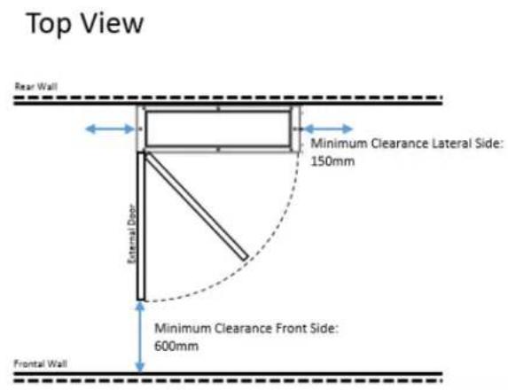 Top View Rear Wall Minimum Clearance Lateral Side: 150mm External Door Minimum Clearance Front Side: 600mm Frontal Wall