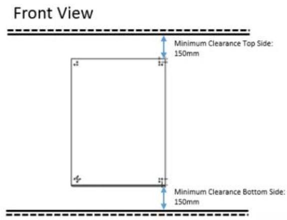 Front View Minimum Clearance Top Side: 150mm Minimum Clearance Bottom Side: 150mm