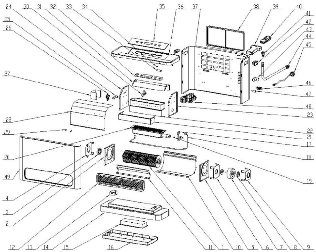 Exploded view diagram of a household air conditioner unit with numbered parts for identification