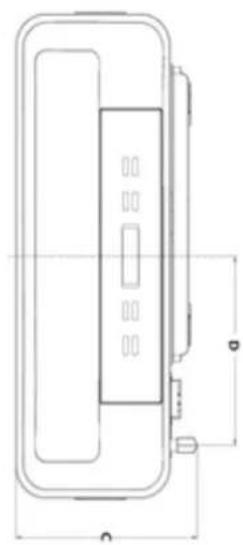 Technical line drawing of a rectangular device with internal components and dimension lines (no text or symbols)