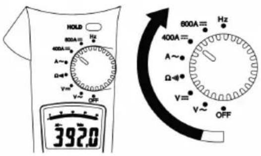 HOLD 800A= Hz 400A= A~ Ω V~ OFF 392.0 800A= Hz 400A= A~ Ω V= V~ OFF