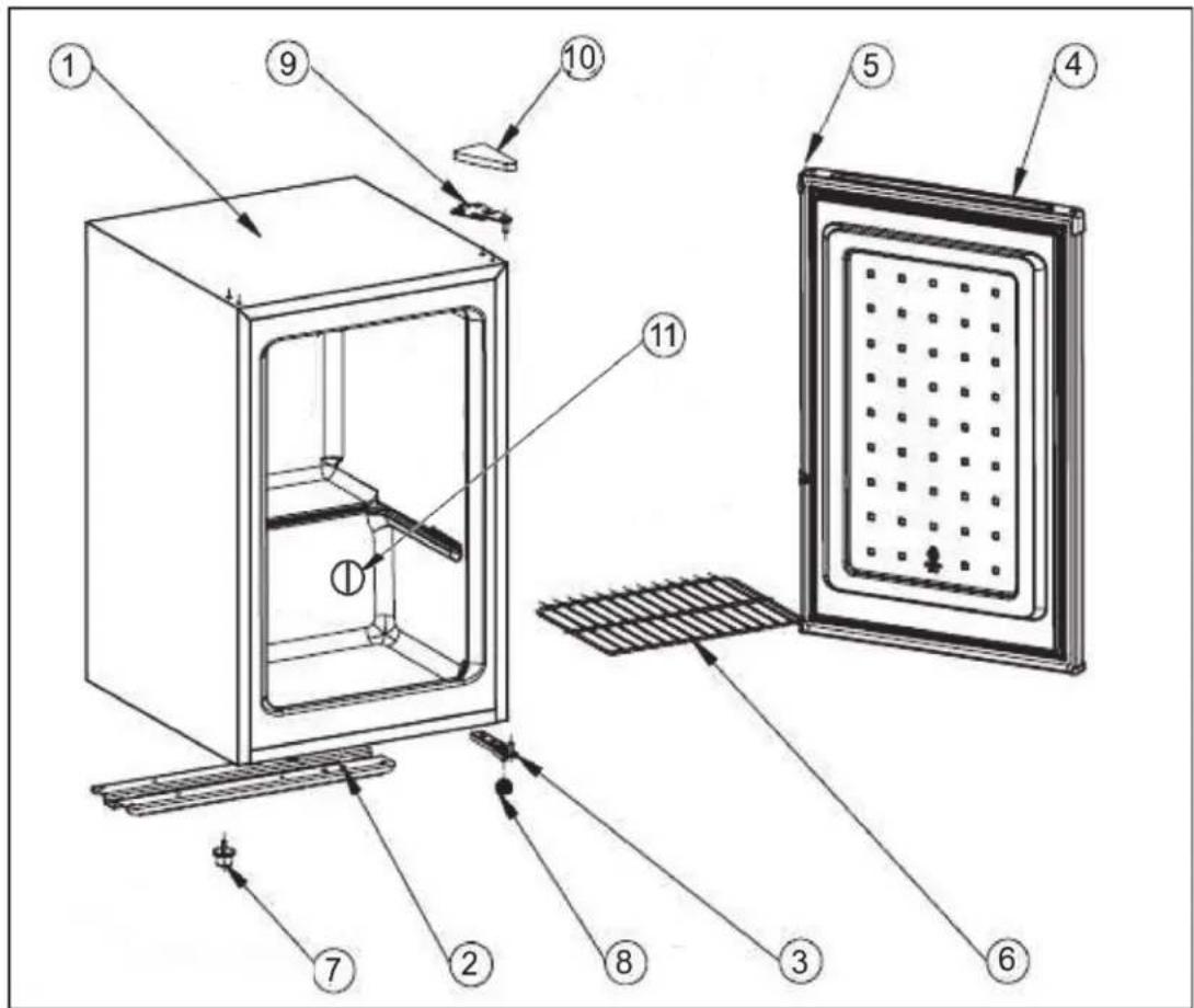Technical diagram of a refrigerator with numbered components for identification and assembly reference.