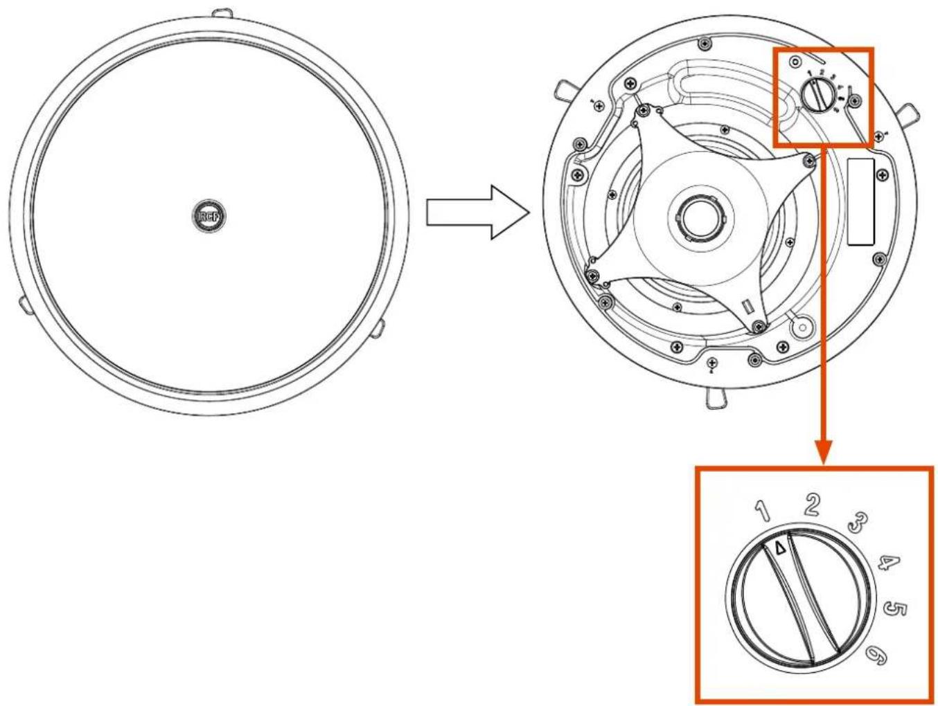 Technical diagram showing the assembly of a circular component with a zoomed-in view highlighting internal components and directional arrows.