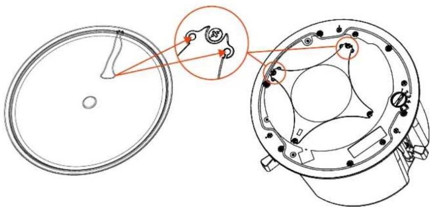 Technical diagram showing a circular component with internal wiring and a close-up view of the mechanical component with labeled parts.