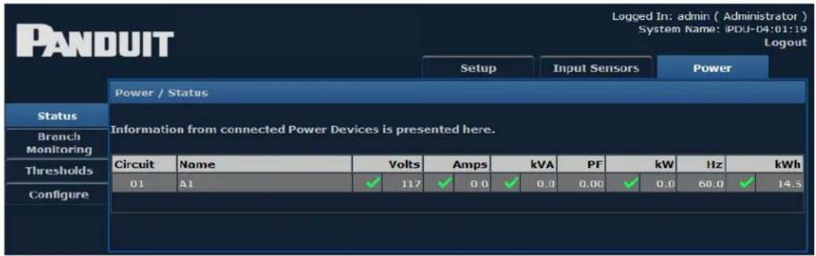 PANDUIT Setup Input Sensors Power Power / Status Status Branch Monitoring Information from connected Power Devices is presented here. Circuit Name Volts Amps kVA PF kW Hz kWh 01 A1 117 0.0 0.0 0.00 0.0 60.0 14.5 Thresholds Configure