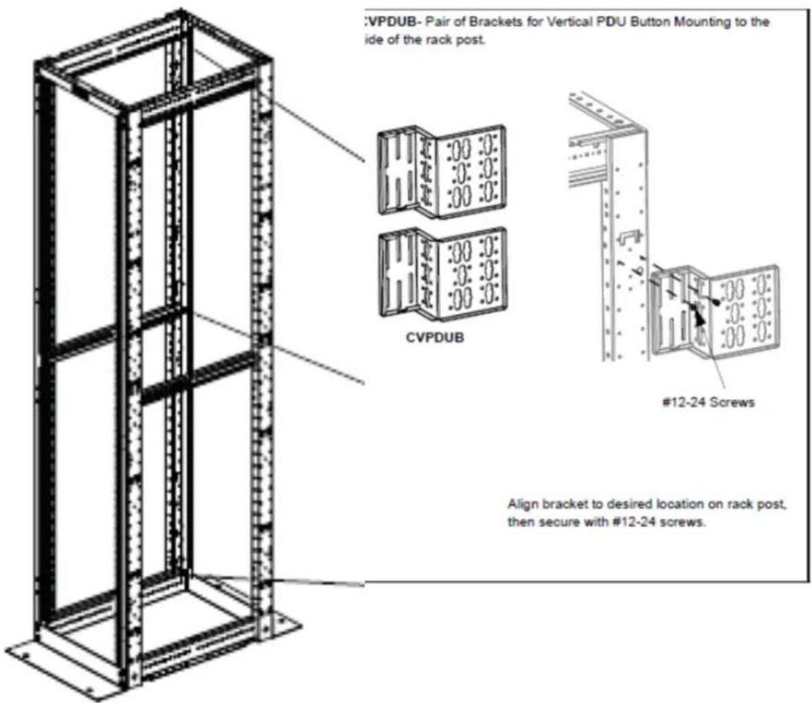 VPDUB- Pair of Brackets for Vertical PDU Button Mounting to the ide of the rack post. CVPDUB #12-24 Screws Align bracket to desired location on rack post, then secure with #12-24 screws.