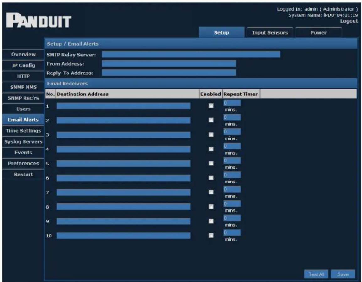 PANDUIT Setup / Email Alerts Overview SMTP Relay Server: From Address: Reply-To Address: IP Config HTTP SNMP NMS Email Receivers No. Destination Address Enabled Repeat Timer 1 0 2 0 3 0 4 0 5 0 6 0 7 0 8 0 9 0 10 0 Test All Save Logged In: admin ( Administrator ) System Name: iPDU-04:01:19 Logout