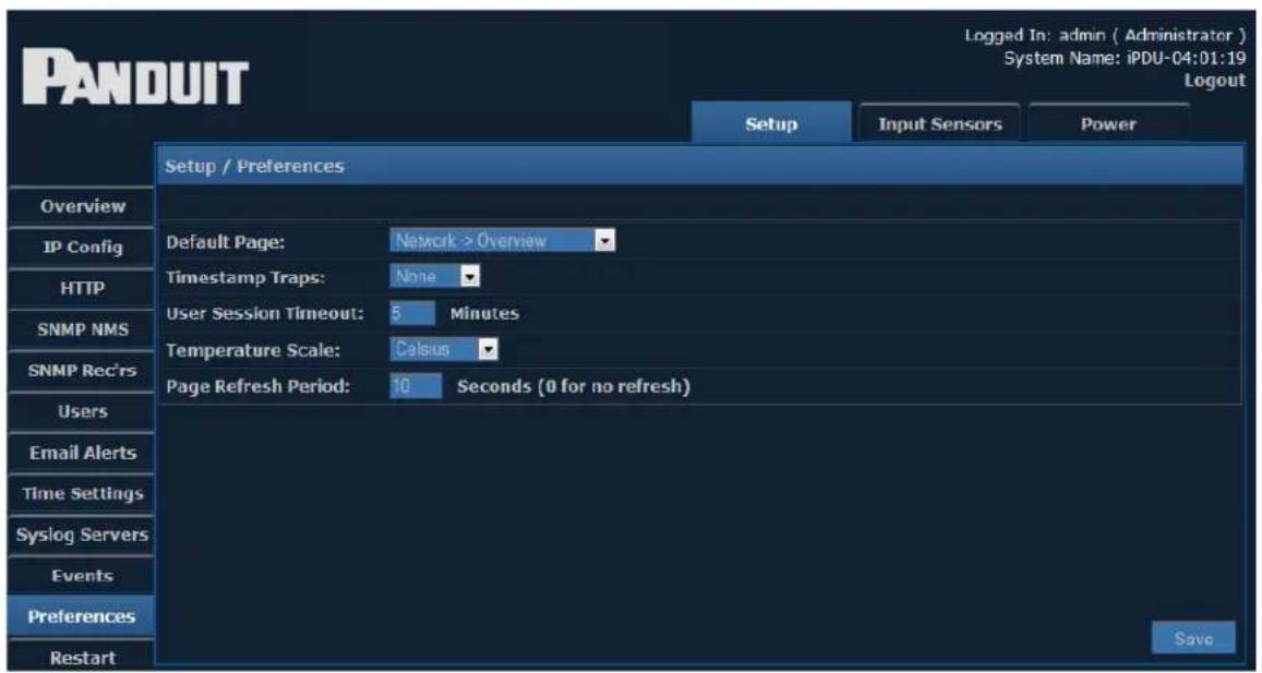 PANDUIT Setup / Preferences Default Page: Network > Overview Timestamp Traps: None User Session Timeout: 5 Minutes Temperature Scale: Celsius Page Refresh Period: 10 Seconds (0 for no refresh) Overview IP Config HTTP SNMP NMS SNMP Rec'ts Users Email Alerts Time Settings Syslog Servers Events Preferences Restart Logged In: admin ( Administrator ) System Name: iPDU-04:01:19 Logout Setup Input Sensors Power