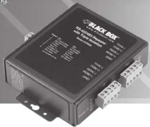 BLACK BOX™ www.miclab.com RS-122/405 Repeater with Triple Isolation Model IC2026A TPD(+) RDAN(-) GND TPD(-) RDAN(+) GND TPD(+) RDAN(-) GND