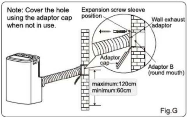 Note: Cover the hole using the adaptor cap when not in use. Expansion screw sleeve position Wall exhaust adaptor Adaptor cap Adaptor B (round mouth) maximum:120cm minimum:60cm Fig.G