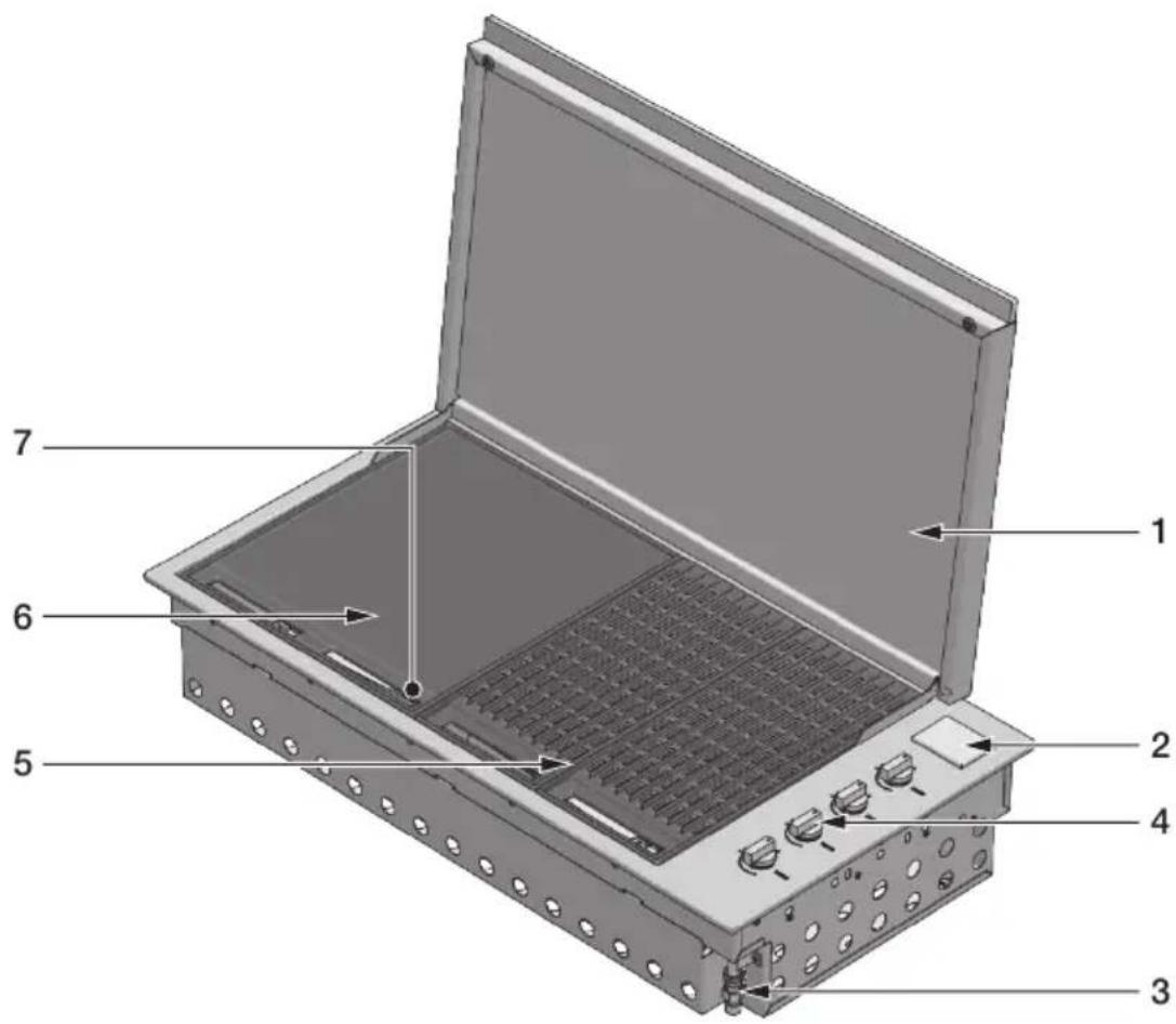 Labeled diagram of an open industrial container with numbered parts for identification