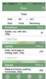 Dairy Today 2462 - 981 - 1631 God Food Remaining Breakfast 12 hours Apples, raw, with skin 100g 52 • Apple Juice Lunch 27 kcal Mills, hamburger or hamburger, plain, 130g 279 • Apple Juice Dinner 800 gm Break and kidney pudding, Harmaments, 200g 030