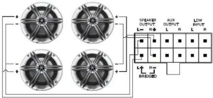 SPEAKER OUTPUT L R+ AUX OUTPUT L R LOW INPUT L R- BRIDGED