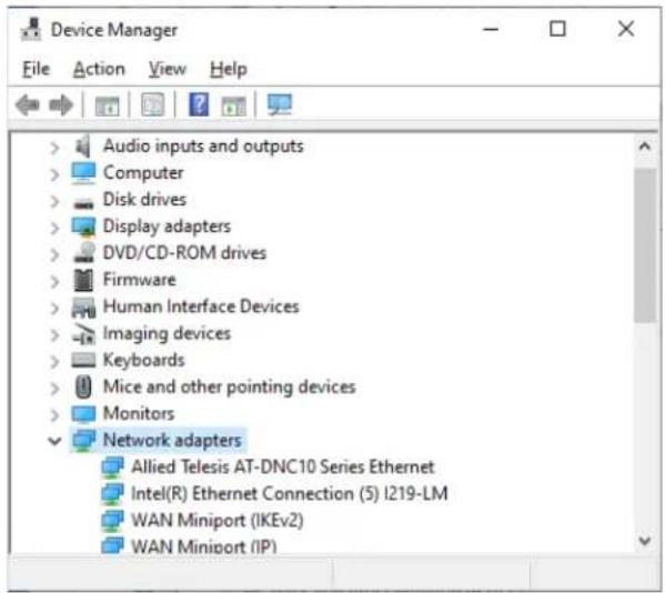 Device Manager File Action View Help Audio inputs and outputs Computer Disk drives Display adapters DVD/CD-ROM drives Firmware Human Interface Devices Imaging devices Keyboards Mice and other pointing devices Monitors Network adapters Allied Telesis AT-DNC10 Series Ethernet Intel(R) Ethernet Connection (5) I219-LM WAN Miniport (IKEv2) WAN Miniport (IP)