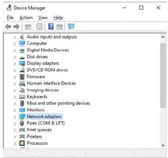 Device Manager File Action View Help Audio inputs and outputs Computer Digital Media Devices Disk drives Display adapters DVD/CD-ROM drives Firmware Human Interface Devices Imaging devices Keyboards Mice and other pointing devices Monitors Network adapters Ports (COM & LPT) Print queues Printers Processors