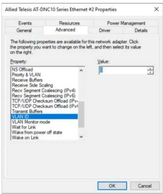 Allied Telesis AT-DNC10 Series Ethernet #2 Properties Events Resources Power Management General Advanced Driver Details The following properties are available for this network adapter. Click the property you want to change on the left, and then select its value on the right. Property: NS Offload Priority & VLAN Receive Buffers Receive Side Scaling Recv Segment Coalescing (IPv4) Recv Segment Coalescing (IPv6) TCP/UDP Checksum Offload (IPv4) TCP/UDP Checksum Offload (IPv6) Transmit Buffers VLAN ID VLAN Monitor mode Wait for Link Wake from power off state Wake on Link Value: OK Cancel