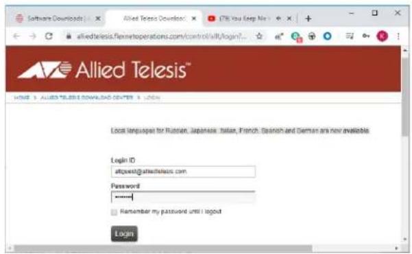 Software Download: Allied Telesis Download: (78) You Keep My Alliedtelesis.flexnetoperations.com/control/alt/login?... Allied Telesis® HOME 3 ALLIED TELESI DOWNLOAD CENTER 5 login Local languages for Russian, Japanese, Italian, French, Spanish and German are new available Login ID atquest@alliedtelesis.com Password ****** Remember my password until I logout Login