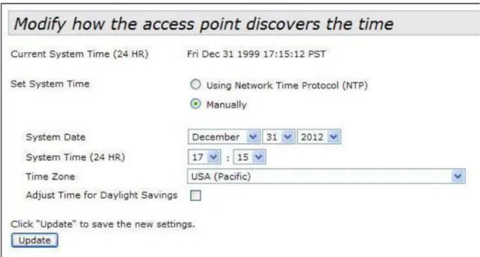 Modify how the access point discovers the time Current System Time (24 HR) Fri Dec 31 1999 17:15:12 PST Set System Time Using Network Time Protocol (NTP) Manually System Date December 31 2012 System Time (24 HR) 17 : 15 Time Zone USA (Pacific) Adjust Time for Daylight Savings Click "Update" to save the new settings. Update