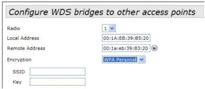 Configure WDS bridges to other access points Radio Local Address Remote Address Encryption SSID Key 1 00:1A:EB:39:85:20 00:1a:eb:39:83:20 WPA Personal