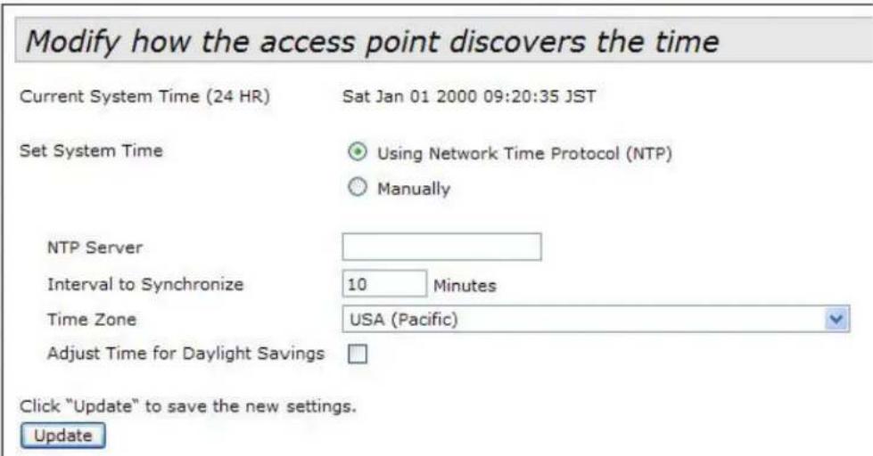 Modify how the access point discovers the time Current System Time (24 HR) Sat Jan 01 2000 09:20:35 JST Set System Time Using Network Time Protocol (NTP) Manually NTP Server Interval to Synchronize 10 Minutes Time Zone USA (Pacific) Adjust Time for Daylight Savings Click "Update" to save the new settings. Update