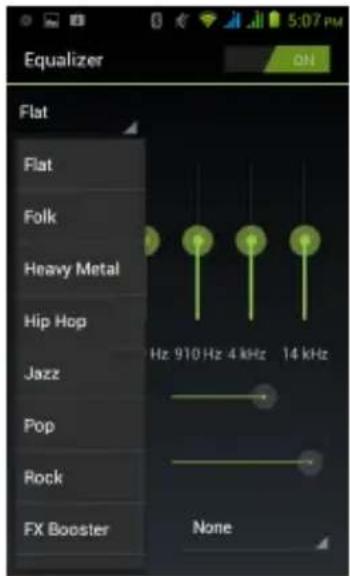 Equalizer Flat Flat Folk Heavy Metal Hip Hop Jazz Pop Rock FX Booster Hz 910 Hz 4 kHz 14 kHz None