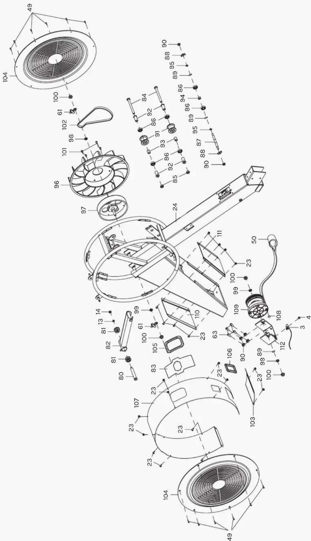 Technical diagram of an air fan assembly with numbered components and exploded view