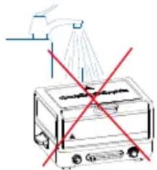 Diagram showing a shower spraying machine with red crosshair lines indicating no spray or noise, and a showerhead above.
