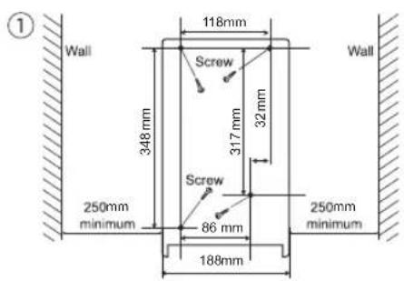 ① Wall 348 mm 118mm Screw 317 mm 32 mm Wall 250mm minimum Screw 86 mm 188mm 250mm minimum