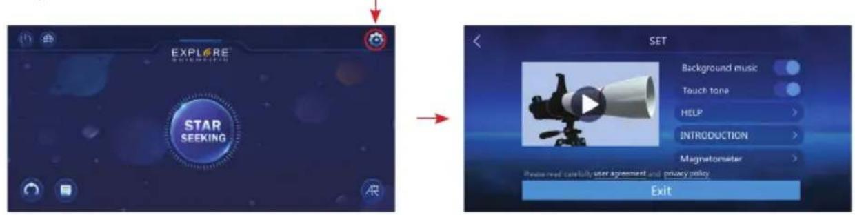 EXPLORE STAR SEEKING SET Background music Touch tone HELP INTRODUCTION Magnatometer Please read carefully user agreement and privacy policy Exit