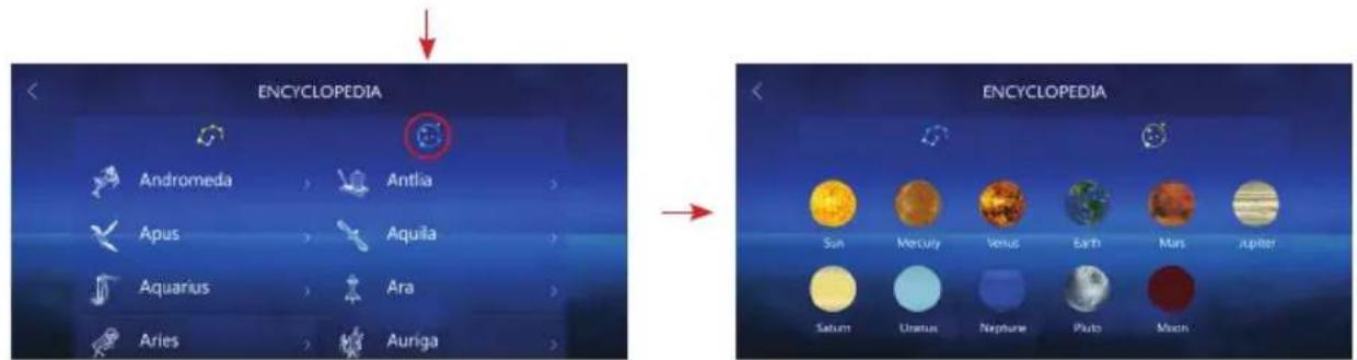 ENCYCLOPEDIA Andromeda Antlia Apus Aquila Aquarius Ara Aries Auriga ENCYCLOPEDIA Sun Mercury Venus Earth Mars Jupiter Saturn Ureatus Nephune Pluto Moon