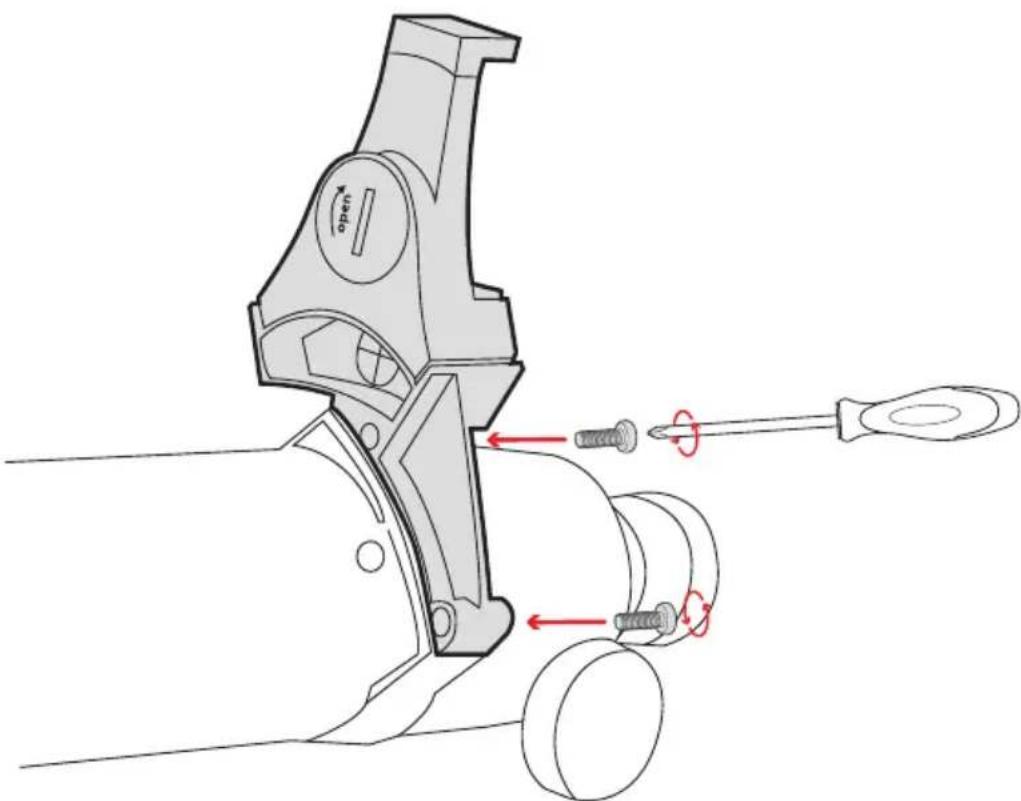 Technical diagram of a mechanical tool with labeled parts and red directional arrows indicating movement or assembly.