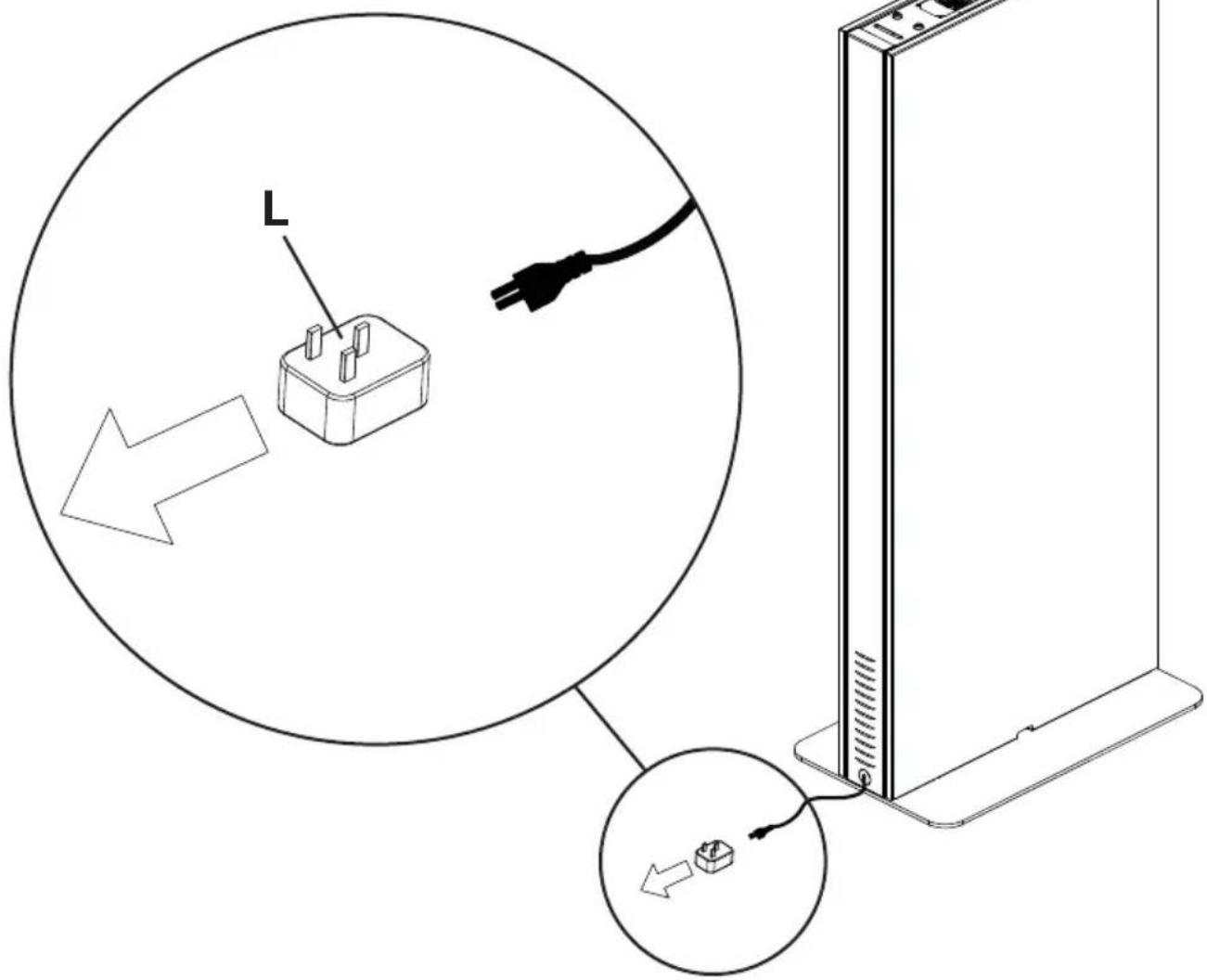 Diagram showing a plug-in socket connected to a server rack, with an arrow indicating left-side direction and a close-up of the socket's cable.