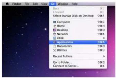 Finder File Edit View Go Window Help Back ■ Forward ■ Select Startup Disk on Desktop ○M↑ Computer ○C Home ○H Desktop ○D Network ○K iDisk Applications ○A Documents ○O Utilities ○U Recent Folders Go to Folder... ○C Connect to Server... ○K