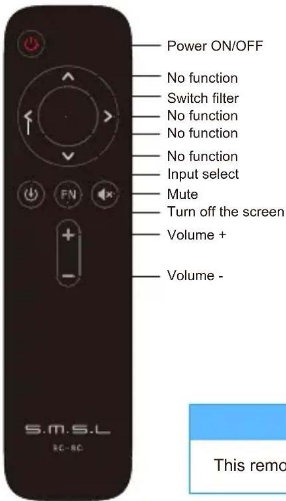 Power ON/OFF No function Switch filter No function No function No function Input select Mute Turn off the screen Volume + Volume - S.M.S.L RC-8C This remo