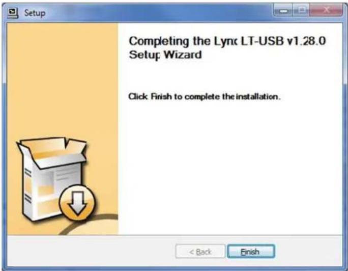 Setup Completing the Lynx LT-USB v1.28.0 Setup Wizard Click Finish to complete the installation. < Back Finish