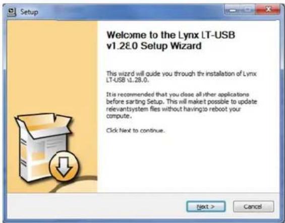 Setup Welcome to the Lynx LT-USB v1.28.0 Setup Wizard This wizard will guide you through the installation of Lynx LT-USB v1.28.0. It is recommended that you close all other applications before starting Setup. This will make it possible to update relevant system files without having to reboot your compute. Click Next to continue. Next > Cancel