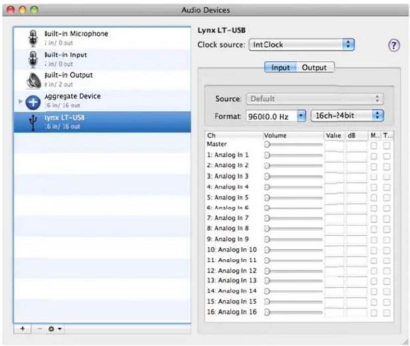 Audio Devices Built-in Microphone 7 in/ 0 out Built-in Input 7 in/ 0 out Built-in Output 9 in/ 2 out Aggregate Device 16 in/ 16 out Lynx LT-USB :6 in/ 16 out Lynx LT-USB Clock source: IntClock Input Output Source: Default Format: 960(0.0 Hz 16ch-24bit Ch Volume Value dB M.. T... Master 1: Analog In 1 2: Analog In 2 3: Analog In 3 4: Analog In 4 5: Analog In 5 6: Analog In 6 7: Analog In 7 8: Analog In 8 9: Analog In 9 10: Analog In 10 11: Analog In 11 12: Analog In 12 13: Analog In 13 14: Analog In 14 15: Analog In 15 16: Analog In 16