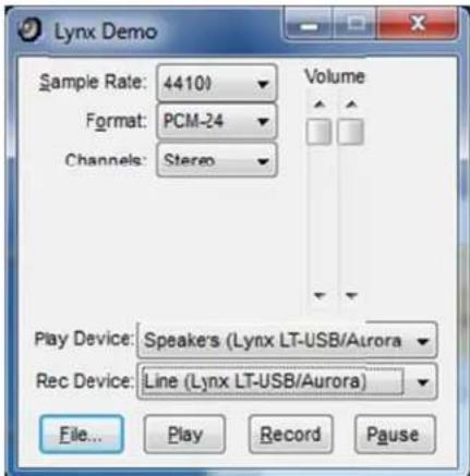 Lynx Demo Sample Rate: 4410 Format: PCM-24 Channels: Stereo Volume Play Device: Speakers (Lynx LT-USB/Aurora Rec Device: Line (Lynx LT-USB/Aurora) File... Play Record Pause