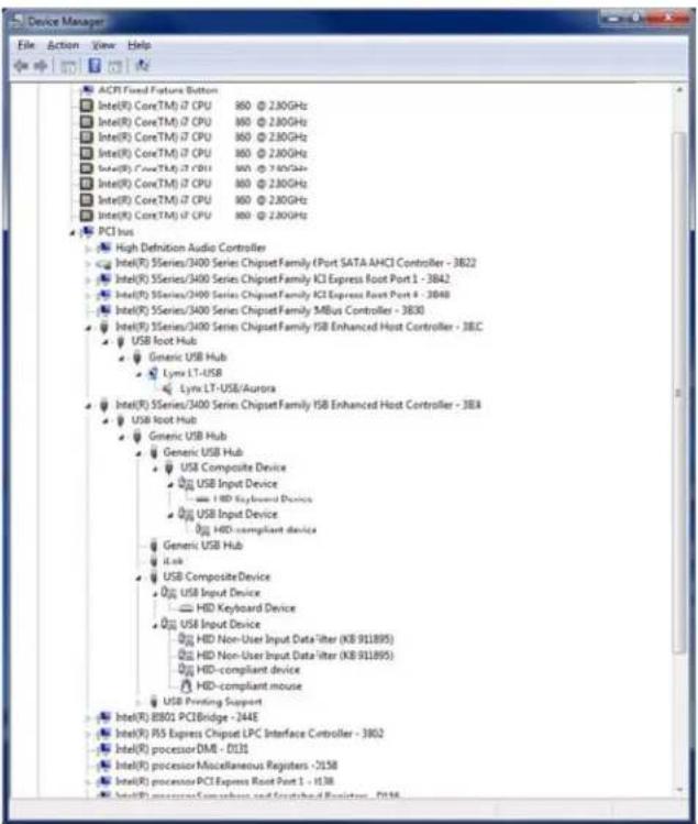 Device Manager File Action View Help ACFI Fixed Feature Button Intel(R) Core(TM) i7 CPU 860 @ 2.80GHz Intel(R) Core(TM) i7 CPU 860 @ 2.80GHz Intel(R) Core(TM) i7 CPU 860 @ 2.80GHz Intel(R) Core(TM) i7 CPU 860 @ 2.80GHz Intel(R) Core(TM) i7 CPU 860 @ 2.80GHz PCI bus High Definition Audio Controller Intel(R) SSeries/3400 Series Chipset Family (Port SATA AHCI Controller - 3822 Intel(R) SSeries/3400 Series Chipset Family KJ Express Root Port 1 - 3842 Intel(R) SSeries/3400 Series Chipset Family KJ Express Root Port 4 - 3848 Intel(R) SSeries/3400 Series Chipset Family MBus Controller - 3830 Intel(R) SSeries/3400 Series Chipset Family ISB Enhanced Host Controller - 38C USB foot Hub Generic USB Hub Lynx LT-USB Lynx LT-USB/Aurora Intel(R) SSeries/3400 Series Chipset Family ISB Enhanced Host Controller - 38A USB foot Hub Generic USB Hub Generic USB Hub USB Composite Device USB Input Device HD Keyboard Device HD Keyboard Device HD Non-User Input Data liter (KB 911895) HD Non-User Input Data liter (KB 911895) HD-compliant device HD-compliant mouse USB Printing Support Intel(R) B501 PCIBridge - 244E Intel(R) RS Express Chipset LPC Interface Controller - 3802 Intel(R) processor DMI - D131 Intel(R) processor Miscellaneous Registers -D158 Intel(R) processor PCI Express Root Port 1 - D138 Intel(R) processor Miscellaneous and Shorted Registers - D158