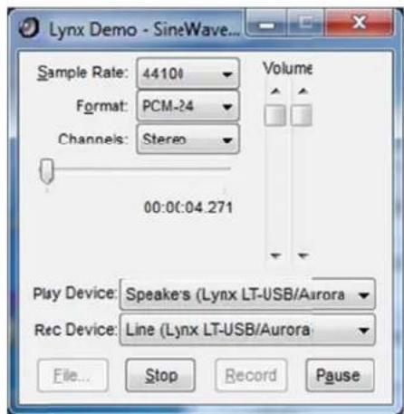 Lynx Demo - SineWave... Sample Rate: 44101 Format: PCM-24 Channels: Stereo Volume 00:00:04.271 Play Device: Speaker's (Lynx LT-USB/Aurora Rec Device: Line (Lynx LT-USB/Aurora File... Stop Record Pause
