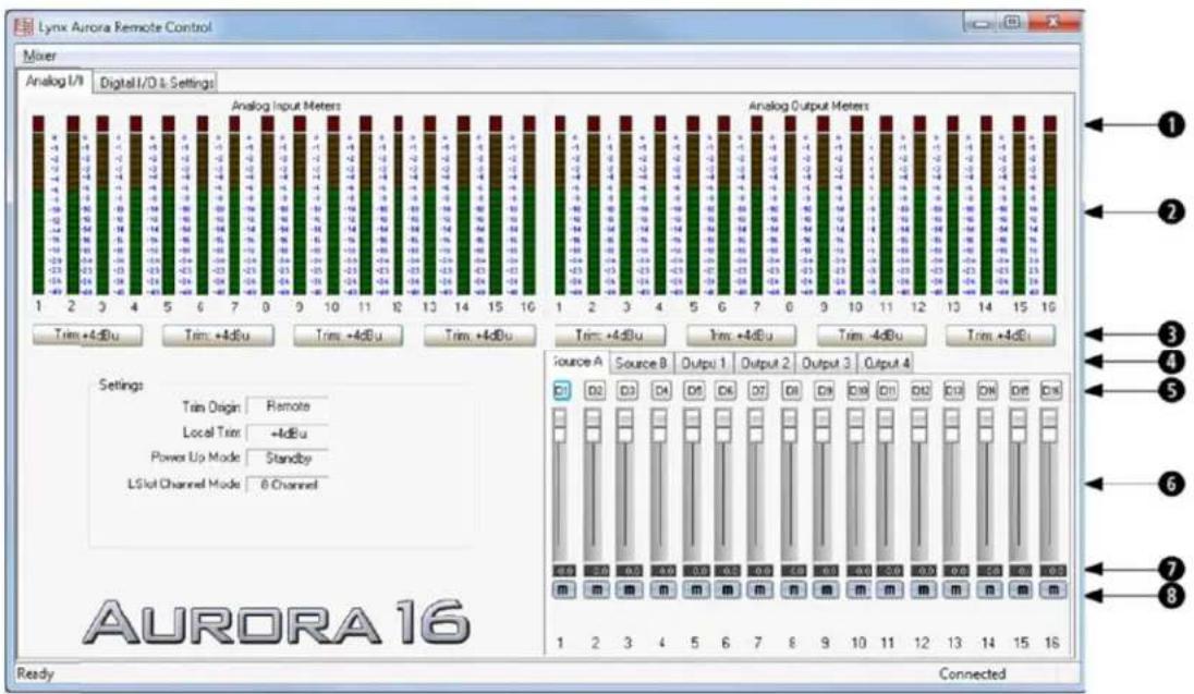 Lynx Aurora Remote Control Mixer Analog I/I Digital I/O Settings Analog Input Meters Analog Output Meters Trim: +4dBu Trim: +4dBu Trim: +4dBu Trim: +4dBu Settings Trim Origin Remote Local Trim: +4dBu Power Up Mode Standby LSlot Channel Mode 6 Channel AURORA 16 Ready Connected 1 2 3 4 5 6 7 8 9 10 11 12 13 14 15 16