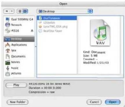Open Desktop Dual 500MHz G4 Network AS16 Desktop Applications Inx Documents Movies Music Pictures DotTonewar L2Update LymsTWC, OSX.png RelA0te User Kind: Document Size: S MI Created: - Modified: 1/21/03 Play 44100.00Hz 16 bit stereo WAVt Duration = 90.00: 51.000 Compression = raw New Folder Cancel Open