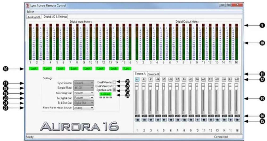Lynx Aurora Remote Control Mixer Analog I/O Digital I/O & Settings Digital Input Meters Digital Output Meters Lock Lock Lock Lock Lock Lock Lock Lock Settings Sync Source: Internal Dual Wire In Sample Rate: 441.00 Dual Wire Out To Analog Out: Remote SynchoLock To Digital Out: Remote To LSlot Out: Digital Out Plunk Panel Maps Source: Analog AURORA 16 Ready Connected 9 10 11 12 13 14 15 16 1 2 3 4 5 6 7 8 9 10 11 12 13 14 15 16 A1 A2 A3 A4 15 A6 A7 A8 A9 A10 A11 A12 A13 A14 A15 A16 20 21 22 23 24 25 26 27 28 29 30 31 32 33 34 35 36 37 38 39 40 41 42 43 44 45 46 47 48 49 50 51 52 53 54 55 56 57 58 59 60 61 62 63 64 65 66 67 68 69 70 71 72 73 74 75 76 77 78 79 80 81 82 83 84 85 86 87 88 89 90 20 A B C D E F G H I J K L M N O P Q R S S T U V W X Y Z