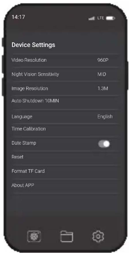 14:17 Device Settings Video Resolution 960P Night Vision Sensitivity MID Image Resolution 1.3M Auto Shutdown 10MIN Language English Time Calibration Date Stamp Reset Format TF Card About APP