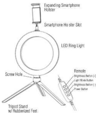 Expanding Smartphone Holster Smartphone Ho ster Slot LED Ring Light Screw Hole Tripod Stand w/ Rubberized Feet Remote Brightness Button (-) Light Mode Button Brightness Button (-) Power Button