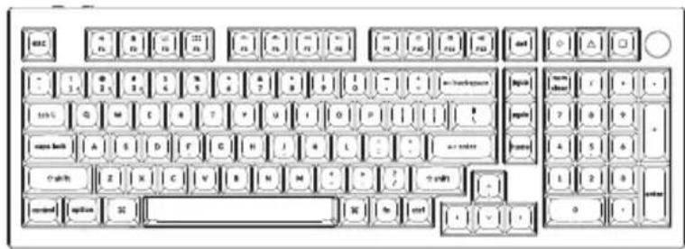 Diagram of a standard computer keyboard layout with labeled keys and function buttons