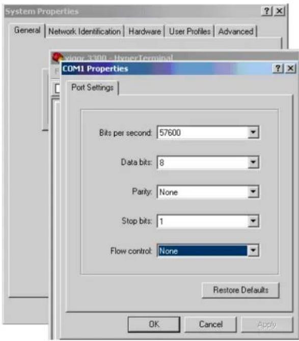 System Properties General | Network Identification | Hardware | User Profiles | Advanced Exving 3300 - HyperTerminal COM1 Properties Port Settings Bits per second: 57600 Data bits: 8 Parity: None Stop bits: 1 Flow control: None Restore Defaults OK Cancel Apply