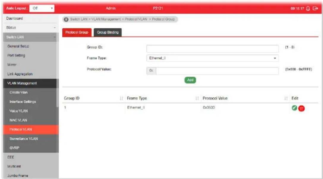 Auto Logout: Off Admin P2121 09:16:17 Dashboard Switch LAN > VLAN Management > Protocol VLAN > Protocol Group Status Switch LAN General Setup Port Setting Mirror Link Aggregation VLAN Management Create VLAN Interface Settings Voice VLAN MAC VLAN Protocol VLAN Surveillance VLAN GYRP EEE Multicast Jumbo Frame Protocol Group Group Binding Group ID: Frame Type: Ethernet_II (1 - 8) Frame Type: Ethernet_II Protocol Value: 0x (0x500 - 0xFFFFE) Add Group ID Frame Type Protocol Value Edit 1 Ethernet_II 0x0600